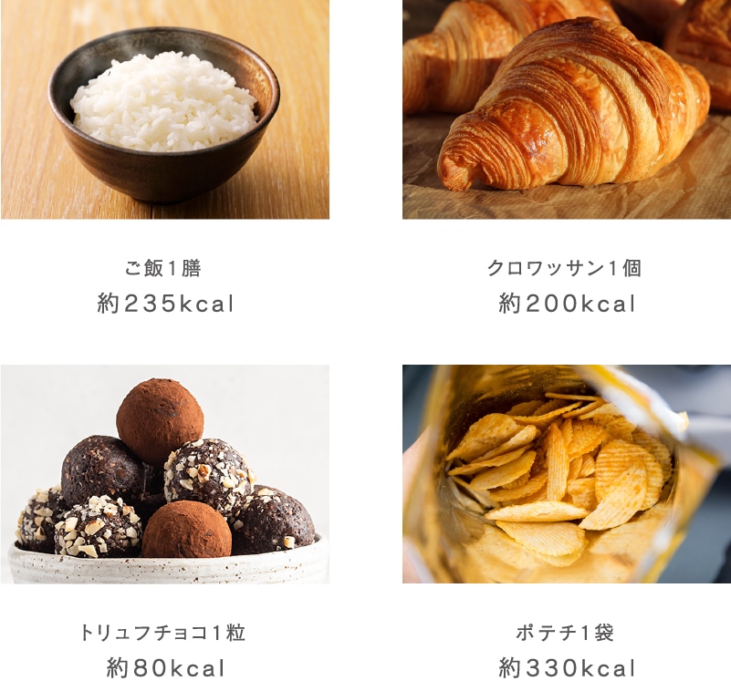 ご飯一膳約235kcal/クロワッサン1個約200kcal/トリュフチョコ1粒約80lcal/ポテチ1袋約330kcal